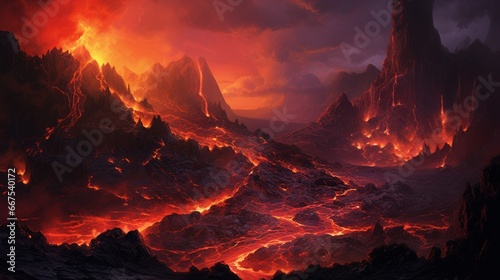 The fiery glow of molten lava flowing down a volcanic mountainside at night. © baloch