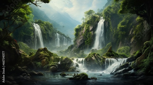 The fury and beauty of a cascading waterfall  surrounded by verdant vegetation.