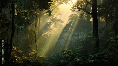 The dynamic interplay of light and shadow as the sun pierces through a dense rainforest canopy.