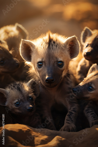 A group of hyenas huddled together, showcasing their social behavior. This image can be used to depict unity, teamwork, or the wild nature of these animals