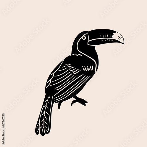 Toucan in the technique of linocut. Can be used as a stamp on fabric, postage stamp, postcard. Toucan black silhouette isolated on white background vector illustration 