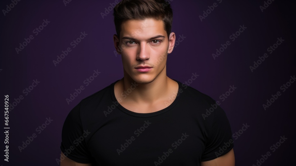 Handsome fictional muscular man portrait. Confident person wearing blank t-shirt isolated on a colored background. Generative AI. Handsome fictional muscular man portrait. Confident person wearing blank t-shirt isolated on a colored background. Generative AI.