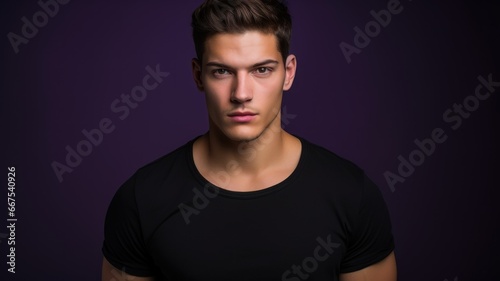 Handsome fictional muscular man portrait. Confident person wearing blank t-shirt isolated on a colored background. Generative AI.