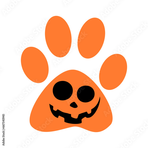 Logo pet friendly. Silueta de zarpa de perro o gato con cara de calabaza de Halloween para su uso en invitaciones y tarjetas