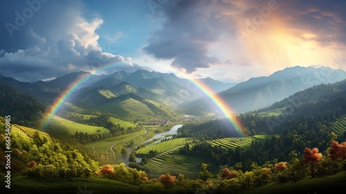 The stunning arc of a rainbow emerging after a brief rain over a lush valley. © baloch