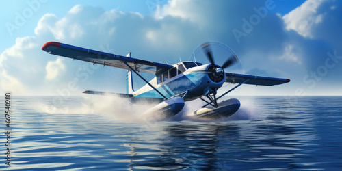 A blue and white plane soaring through the sky above a serene body of water. This image can be used to depict travel, adventure, or aviation themes