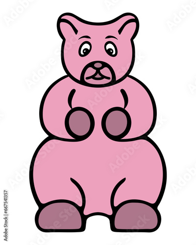 Marmalade bear. A sweet jelly treat shaped like a crimson beast. Color vector illustration. Isolated background. Cartoon style. Delicious dessert for kids. Idea for web design.