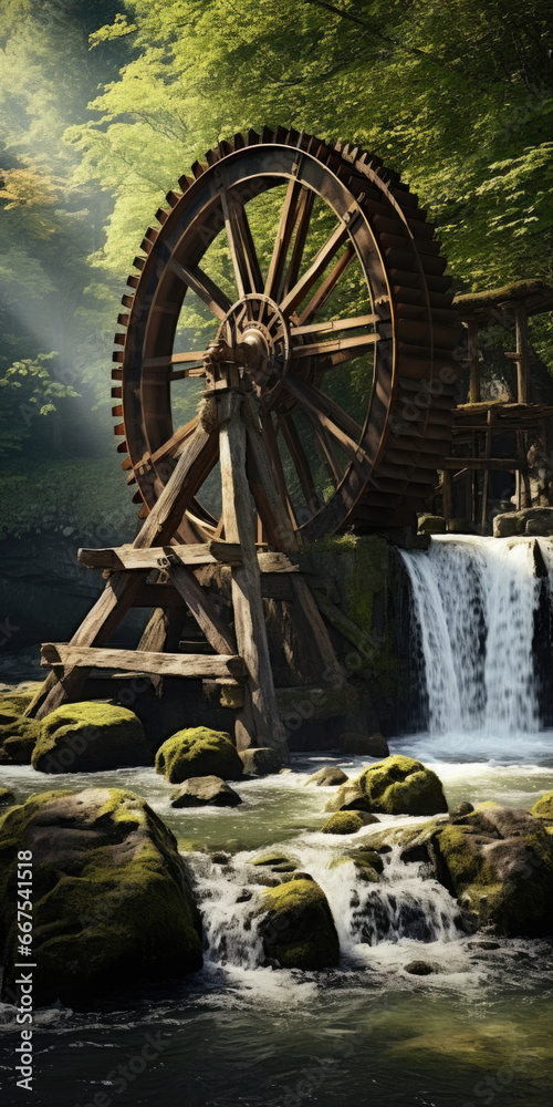 A picturesque image of a water wheel sitting next to a waterfall. This captivating scene can be used to enhance projects related to nature, landscape, eco-tourism, or water power A picturesque image of a water wheel sitting next to a waterfall. This captivating scene can be used to enhance projects related to nature, landscape, eco-tourism, or water power