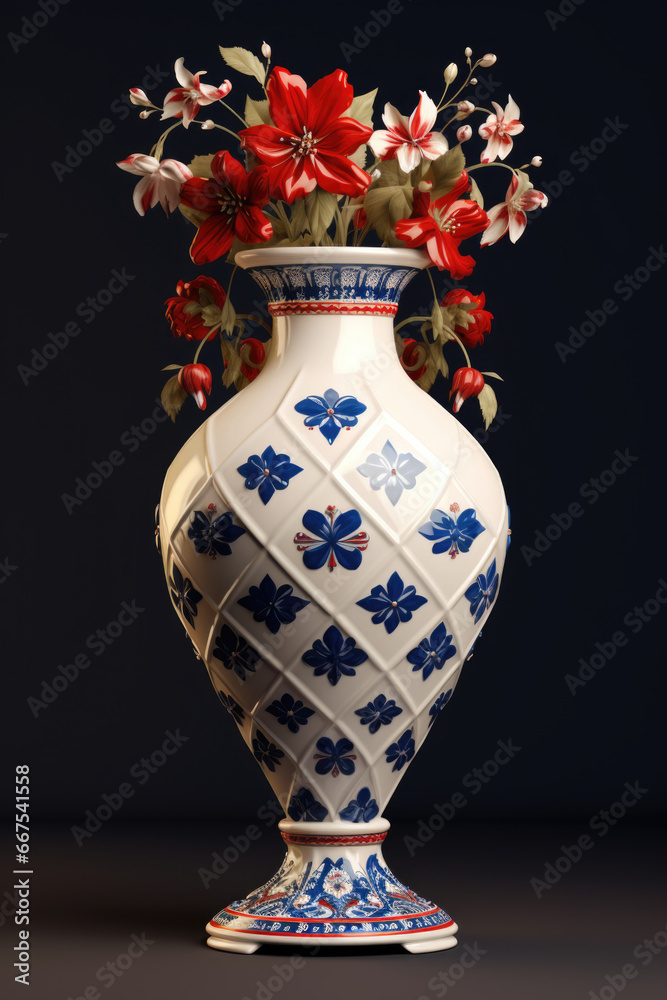 A beautiful blue and white vase filled with vibrant red flowers. Perfect for adding a pop of color to any space
