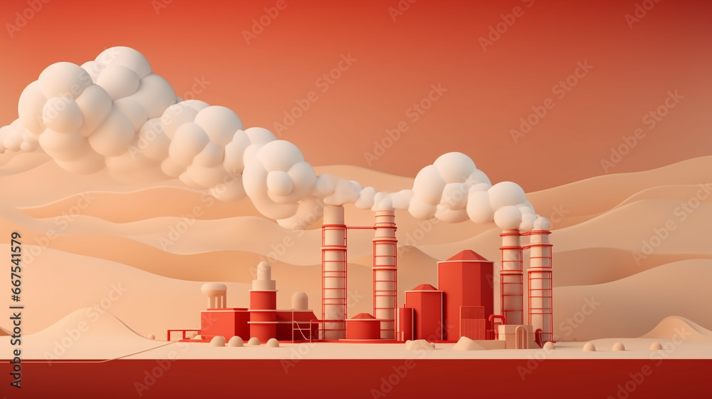 3d minimalist large geothermal energy power station illustration in red color with copy space