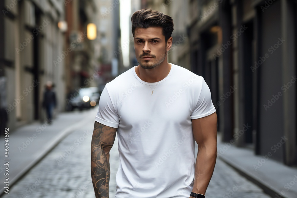 tatooed Male Latin model in a classic white cotton T-shirt and on a city street