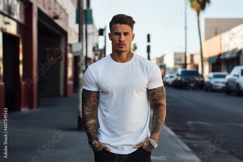 tatooed Male Latin model in a classic white cotton T-shirt and on a city street