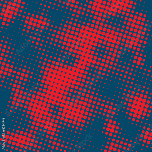 Polka dot pop art halftone pattern. Red dots on blue background 