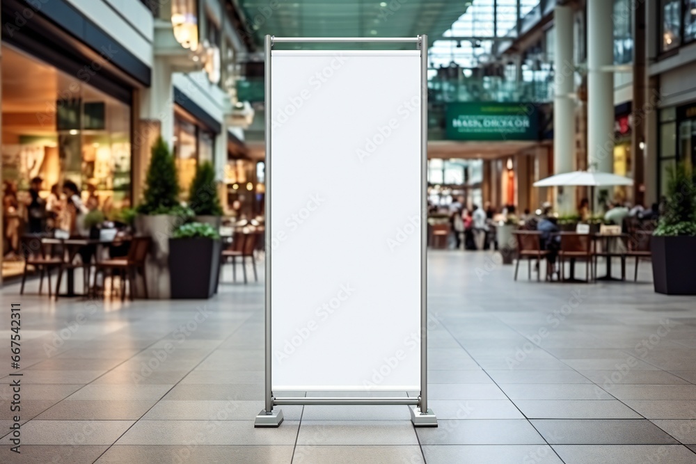roll up mockup poster stand in an shopping center or mall environment as wide banner design with blank empty copy space area - obrazy, fototapety, plakaty 