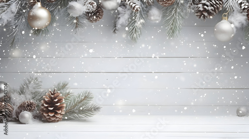 Silver Christmas balls, pine cones and branches in a row with spruce branches covered with snow and snowfall on white wooden board background in winter.