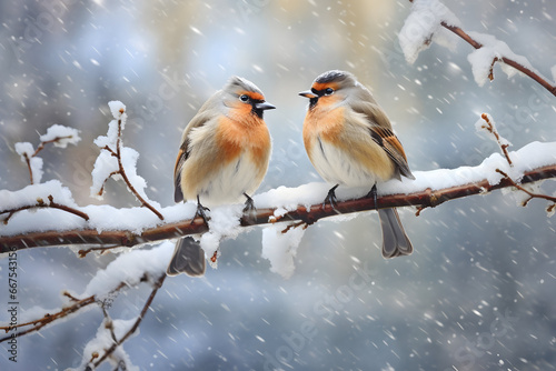 Pair of birds sitting on a branch covered with snow in winter forest with snowfall and golden lights in the background.