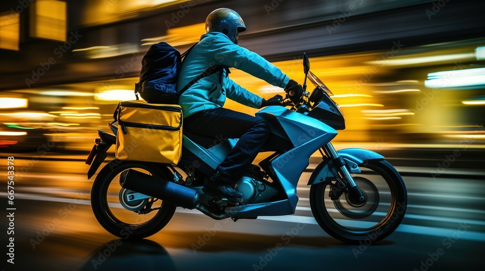 Fast and Furious: Modern Motorcycle Delivery Courier on City Streets  in Action, Generative AI