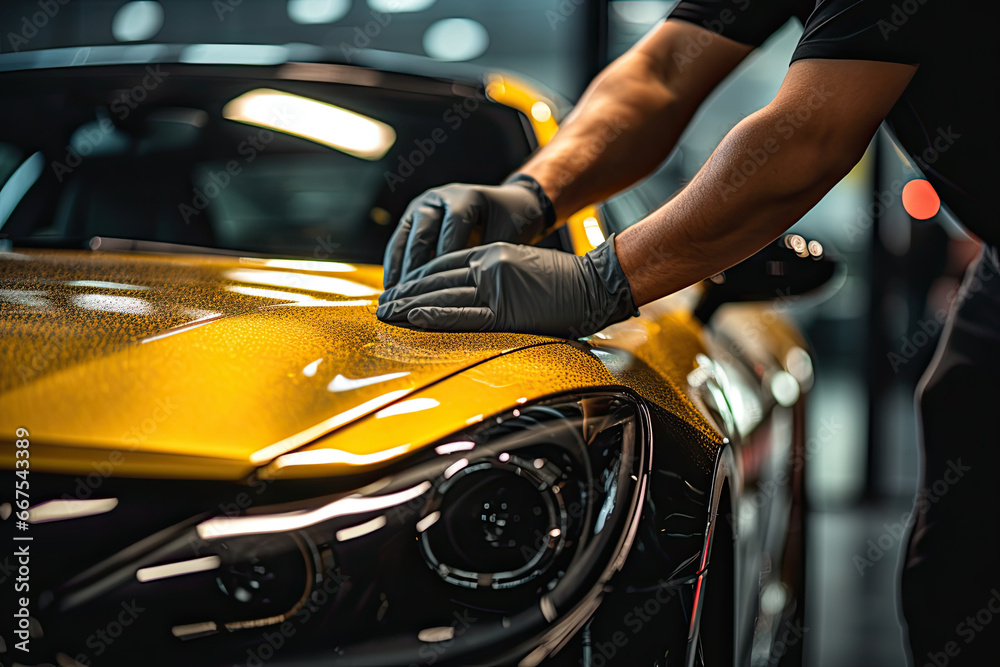 Car detailing series : Worker in protective gloves polishing a car Car detailing series : Worker in protective gloves polishing a car