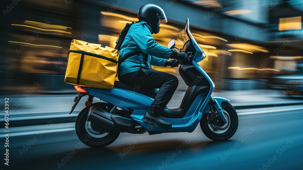 Express Delivery: Courier Speeding Through Urban Streets on a Motorcycle, Generative AI