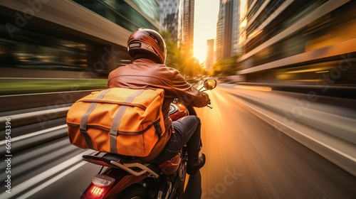 Delivery City Rush: Efficient Motorcycle Courier Service in Action, Generative AI photo