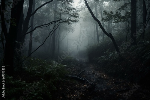 A dark  eerie forest with a haunting atmosphere. Generative AI