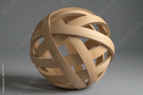 3D-rendered wooden sphere on gray background. Generative AI