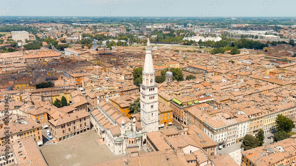 Modena, Italy. Modena Cathedral. Famous Romanesque cathedral with bell tower. Historical Center. Summer, Aerial View