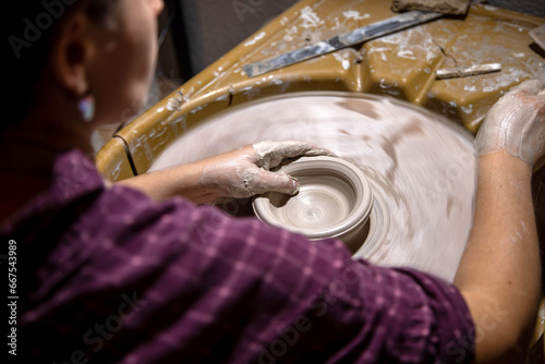 Young female potter working in her workshop in Antibes in the south of France photo