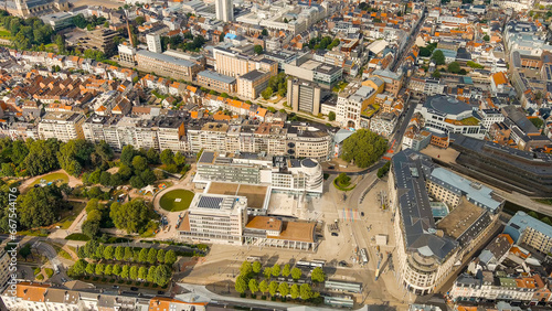 Ghent, Belgium. Zuid park. Panorama of the central city from the air. Cloudy weather, summer day, Aerial View © nikitamaykov