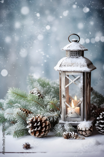 Lantern with burning candle  pine cones and spruce branches on wooden board surface covered with snow  abstract background with snowflakes and sparkling light. Vertical composition.