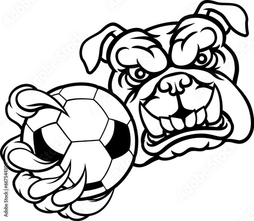 A bulldog dog animal sports mascot holding soccer football ball