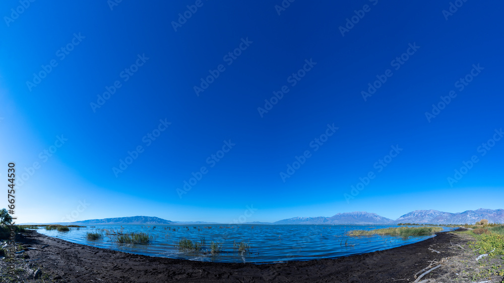 travel usa and north america, Utah lake close to Salt Lake City, panoramic view over the lake on a cloudless day bright sunny day