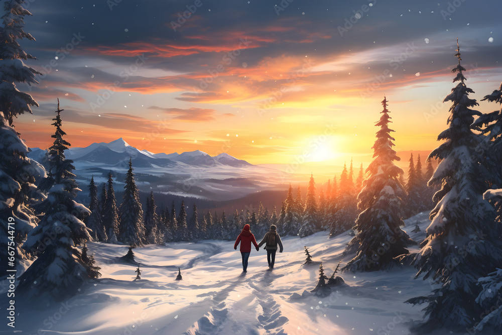 Couple of hikers walking on snowy ground in winter countryside with snow covered spruce trees, mountains in the background and setting sun. Orange, blue, gray and white colors.