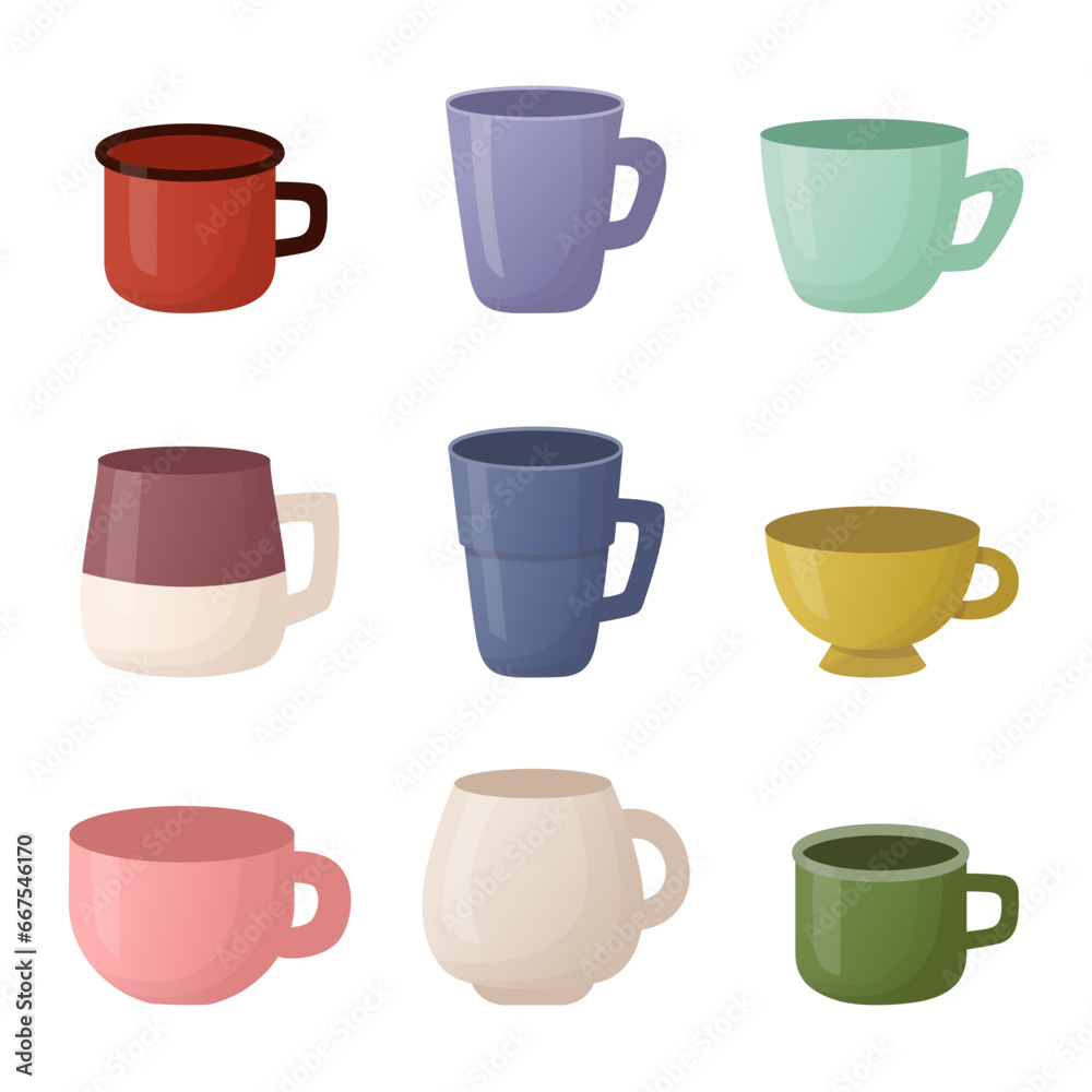 Set of colourful tea coffee mug and cup in flat style isolated on white