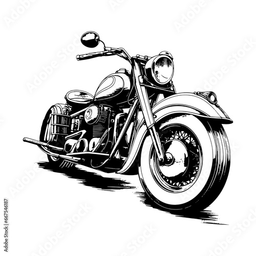 Retro motorcycle, black and white detailed vector illustration isolated without backdrop, chopper. Icon of a stylish vintage motorbike with details for decoration and design without a background	
 photo