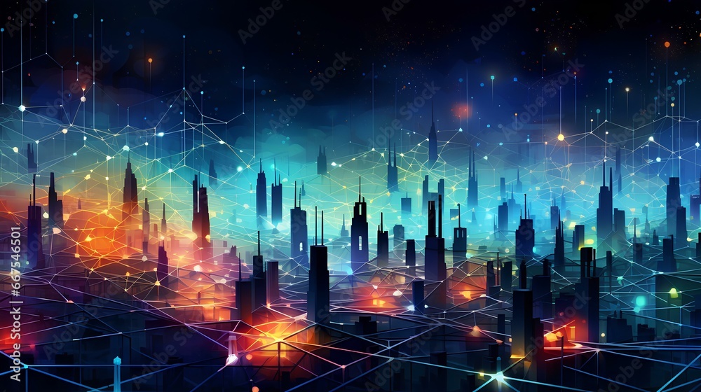 abstract background of the network and electronic symbols, gravity-defying landscape, data visualization, vibrant skyline, realistic usage of light and color. generative AI
