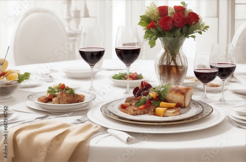 Elegant table setting with red wine and gourmet dishes, perfect for a romantic dinner or special occasion.Created with generative AI
