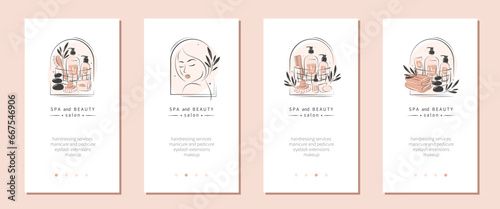 Spa and beauty salon logo set. Set of products for body and hair care, massage, aromatherapy. Vector illustration