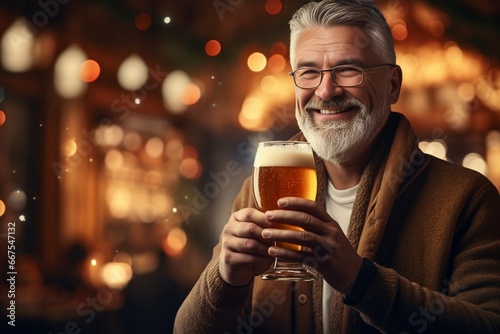 Generative AI : Bearded and smiling barman gives beer photo
