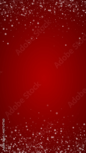 Snowy christmas background. Subtle flying snow flakes and stars on christmas red background. Delicate sweet snowy christmas. Vertical vector illustration.