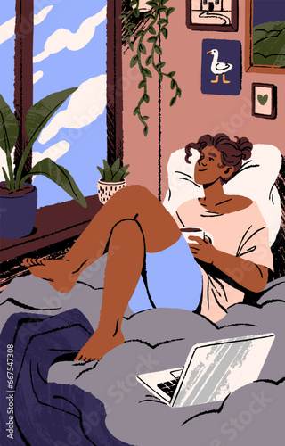 People relax at home postcard. Woman lying on bed, hold cup of tea in hand. Girl spend time alone in cozy house. Person rest, looking out window, dreaming in leisure, weekend. Flat vector illustration