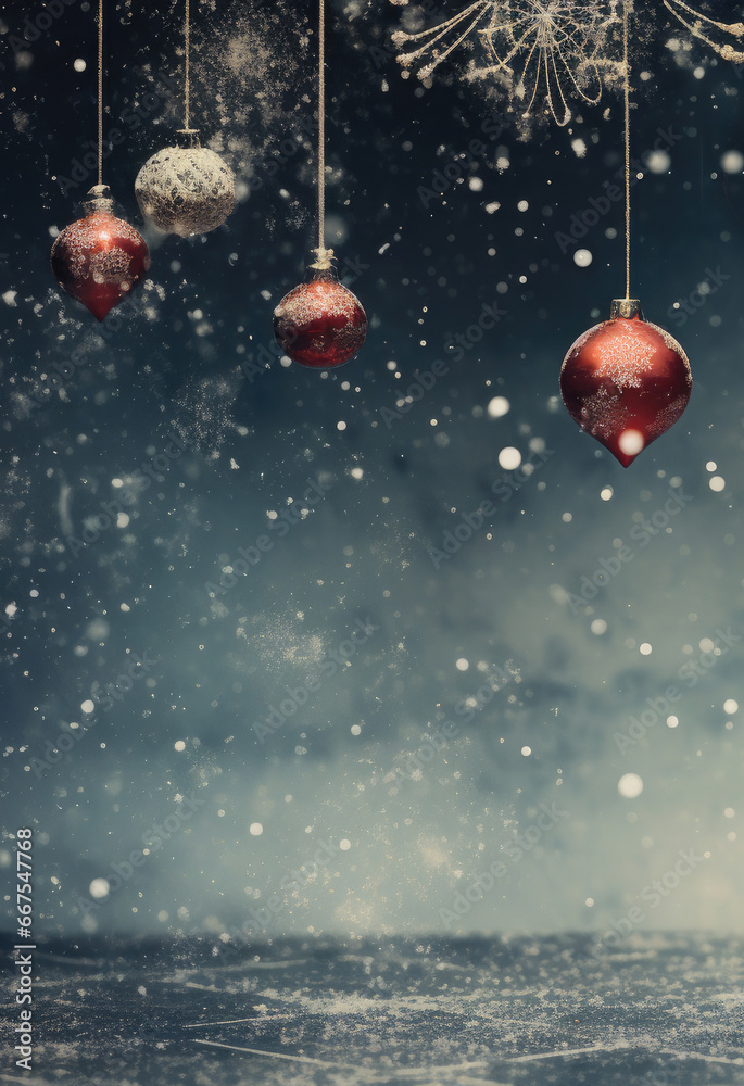 Beautiful red Christmas balls on a blue snowy background. Christmas card. Copy space for text