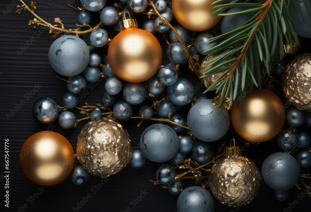 Golden, blue balls, Christmas tree branches on a black wooden background. Christmas card, background Golden, blue balls, Christmas tree branches on a black wooden background. Christmas card, background