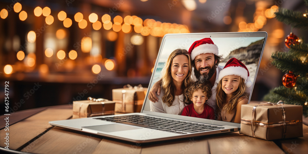 Happy family in Santa hats on laptop video call interface screen. Online Congratulations during the coronavirus.Сhristmas, festivity and modern communication technology. - obrazy, fototapety, plakaty 