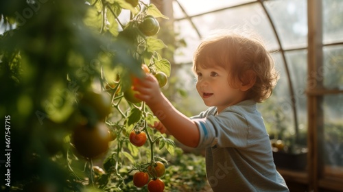 A toddler boy is having fun in a greenhouse. Picking fresh tomatoes, morning lighting