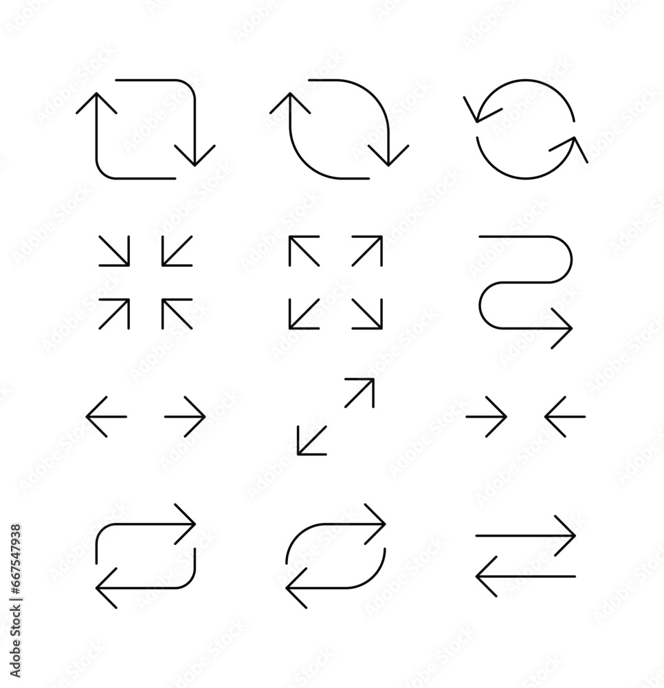 Set of arrow icons in simple, modern, minimalist line style. Left, right, turn, right turn, left turn, down, up, zoom in, zoom out instructions.