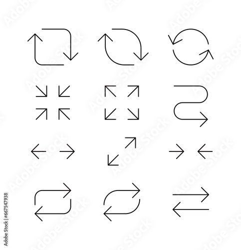 Set of arrow icons in simple  modern  minimalist line style. Left  right  turn  right turn  left turn  down  up  zoom in  zoom out instructions.