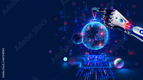Merry Christmas and New Year Background in modern technology style. Christmas decoration in cyborg arm. Robot hand decoration christmas tree. AI or artificial intelligence greets the new year. Banner
