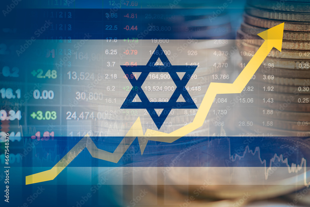 Israel flag with stock market finance, economy trend graph digital technology. - obrazy, fototapety, plakaty 