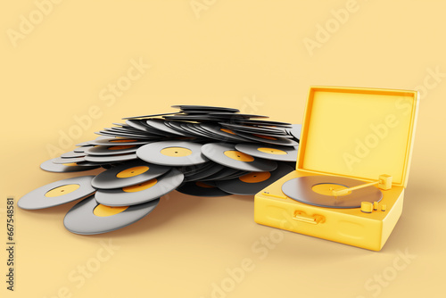 3d render retro record player in vintage suitcase with heap of vinyl lp discs on yellow background. Turntable, phonograph to play jazz, blues, rock or electronics music, ad banner. 3D illustration